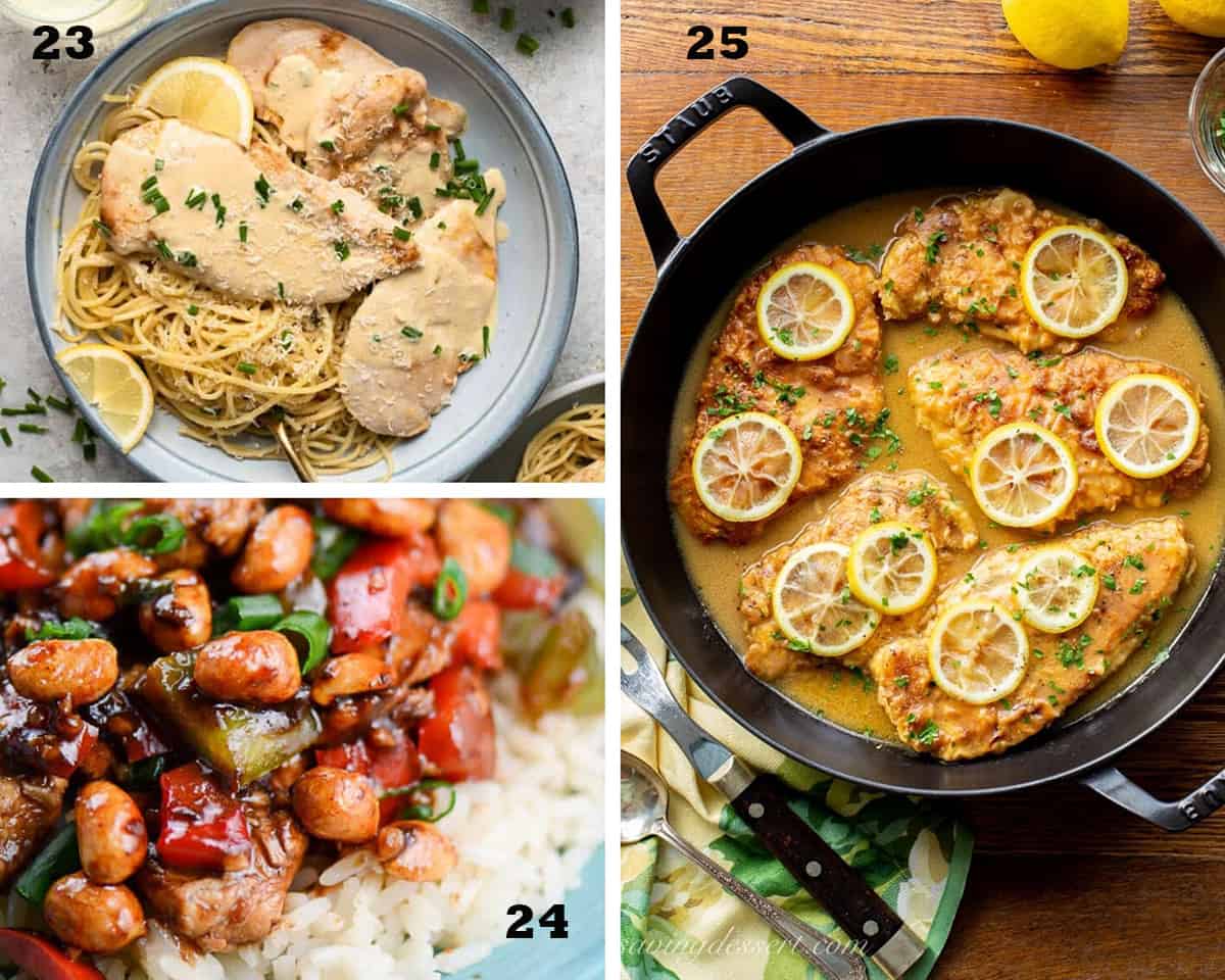 A three image collage of Chicken Scallopini with Parmesan Pasta, Easy Kung Pao Chicken, and Chicken Francese. Restaurant Quality Chicken Recipes.