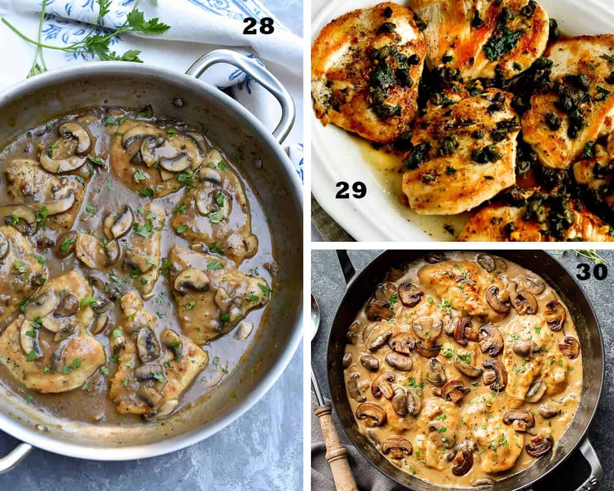 A three image collage of Chicken Marsala, Chicken Picatta with Fried Capers, and Skillet Chicken and Mushroom Wine Sauce. Restaurant Quality Chicken Recipes.