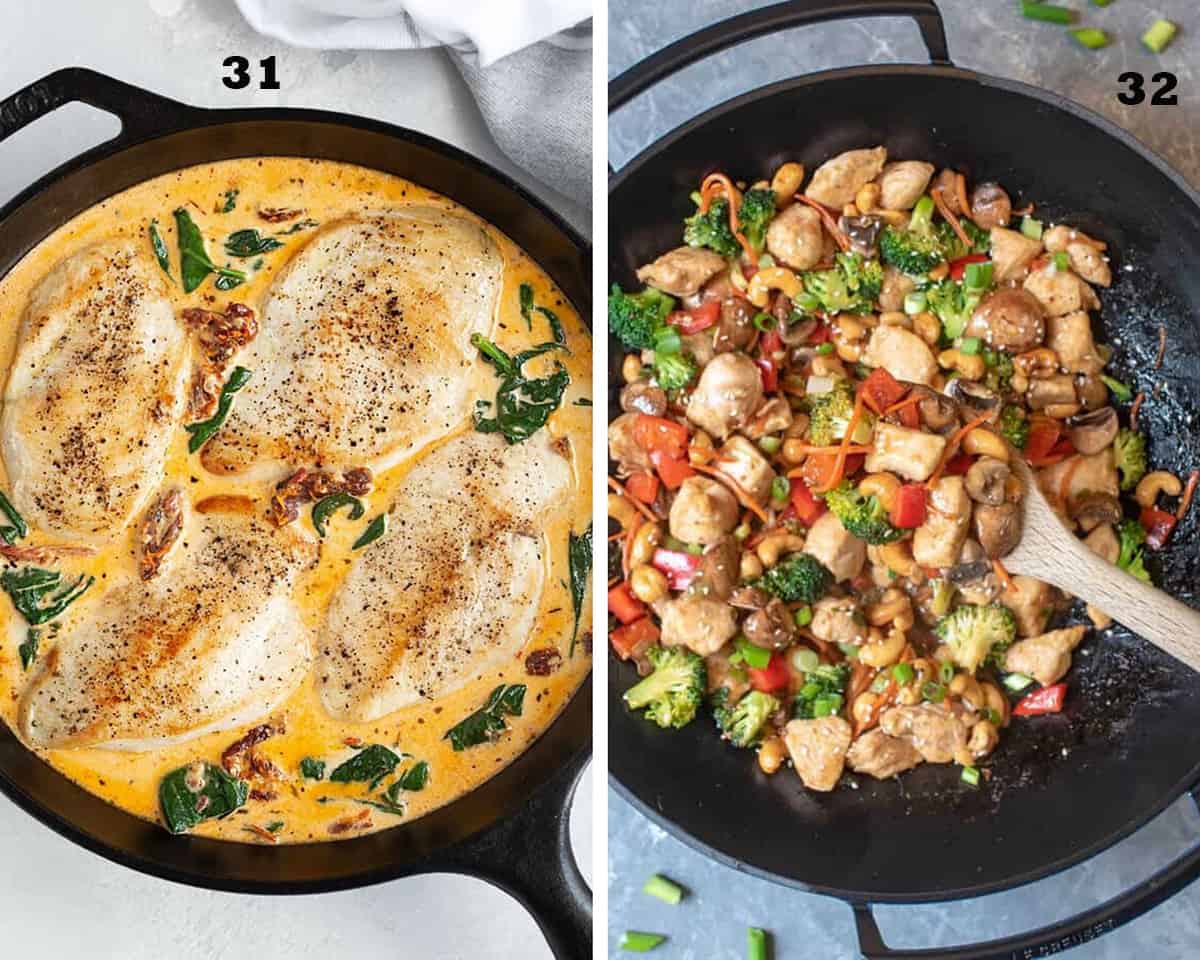 A two image collage of Creamy Tuscan Chicken and Cashew Chicken Stir Fry. Restaurant Quality Chicken Recipes.