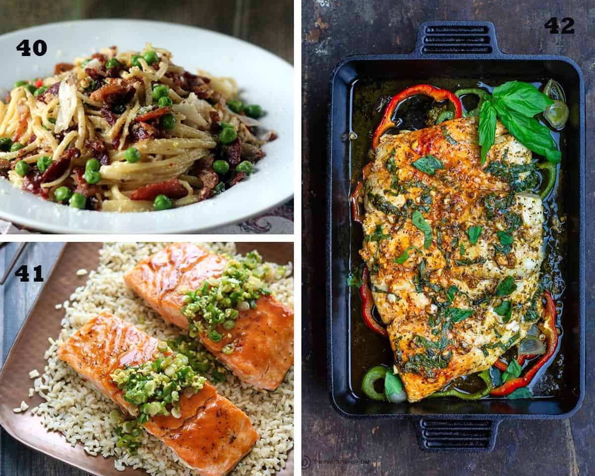 A three image collage of Crab Linguine Carbonara, Red Miso Salmon with Ginger Scallion Sauce, Easy Baked Fish with Garlic and Basil. Restaurant Quality Seafood Recipes.