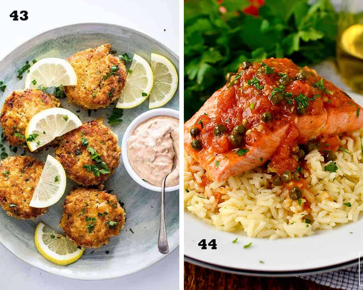 A two image collage of Crab Cakes and Salmon Provencal. Restaurant Quality Seafood Recipes.