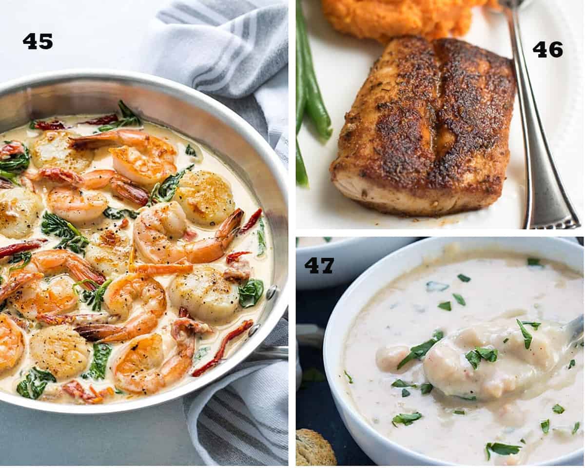 A three image collage of Creamy Tuscan Shrimp and Scallops, Blackened Mahi Mahi, and Seafood Bisque. Restaurant Quality Seafood Recipes.