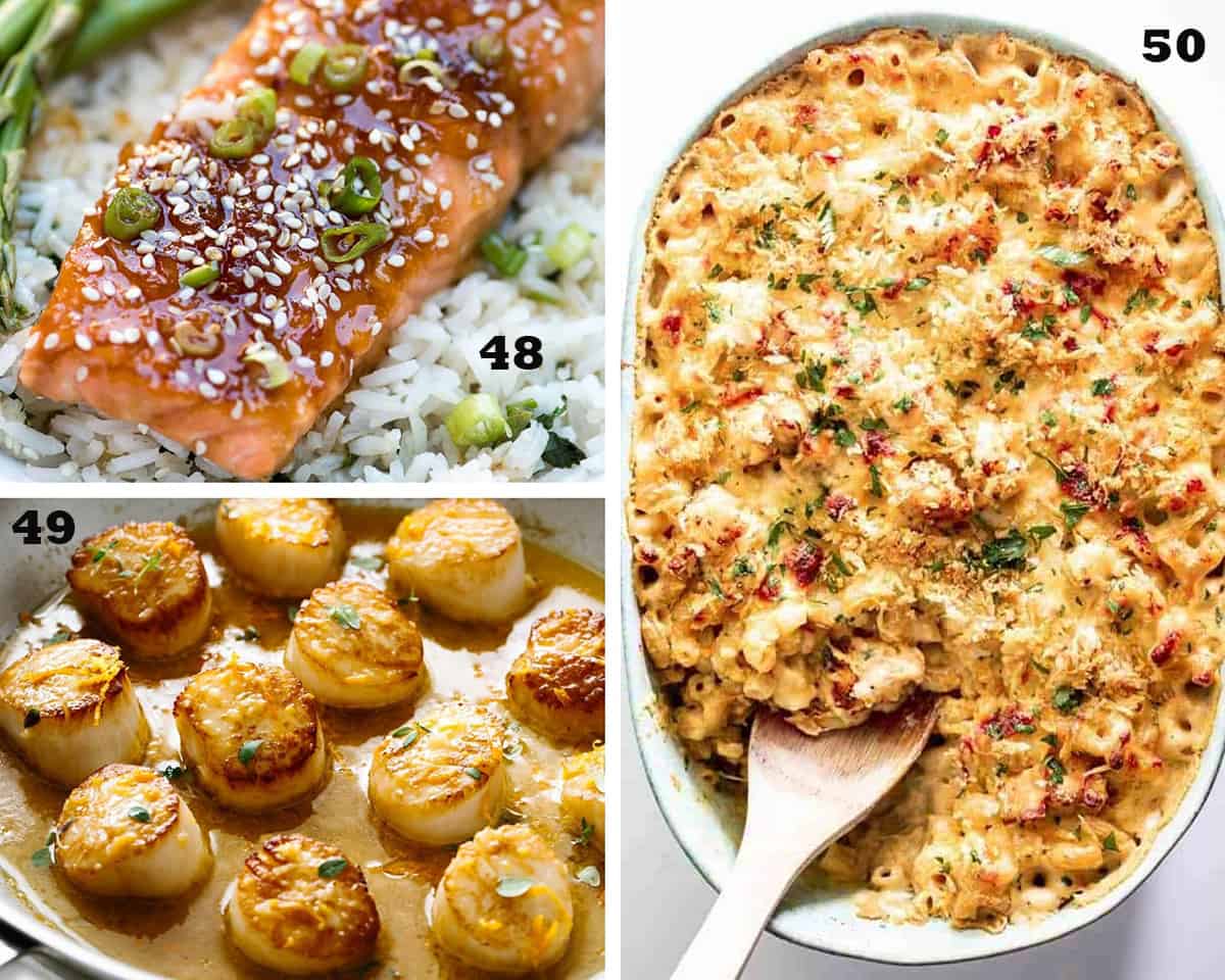 A three image collage of Orange Sesame Ginger Glazed Salmon, Pan Seared Scallops with Citrus Ginger Sauce, and Lobster Mac and Cheese. Restaurant Quality Seafood Recipes.