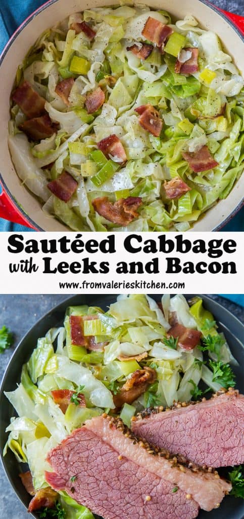 Sauteed cabbage with leeks and bacon with text overlay.