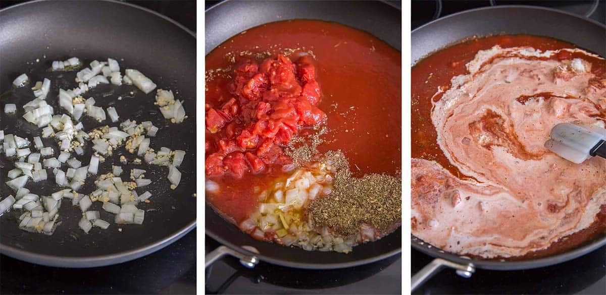 Three images of tomato cream sauce ingredients in a skillet on the stove.