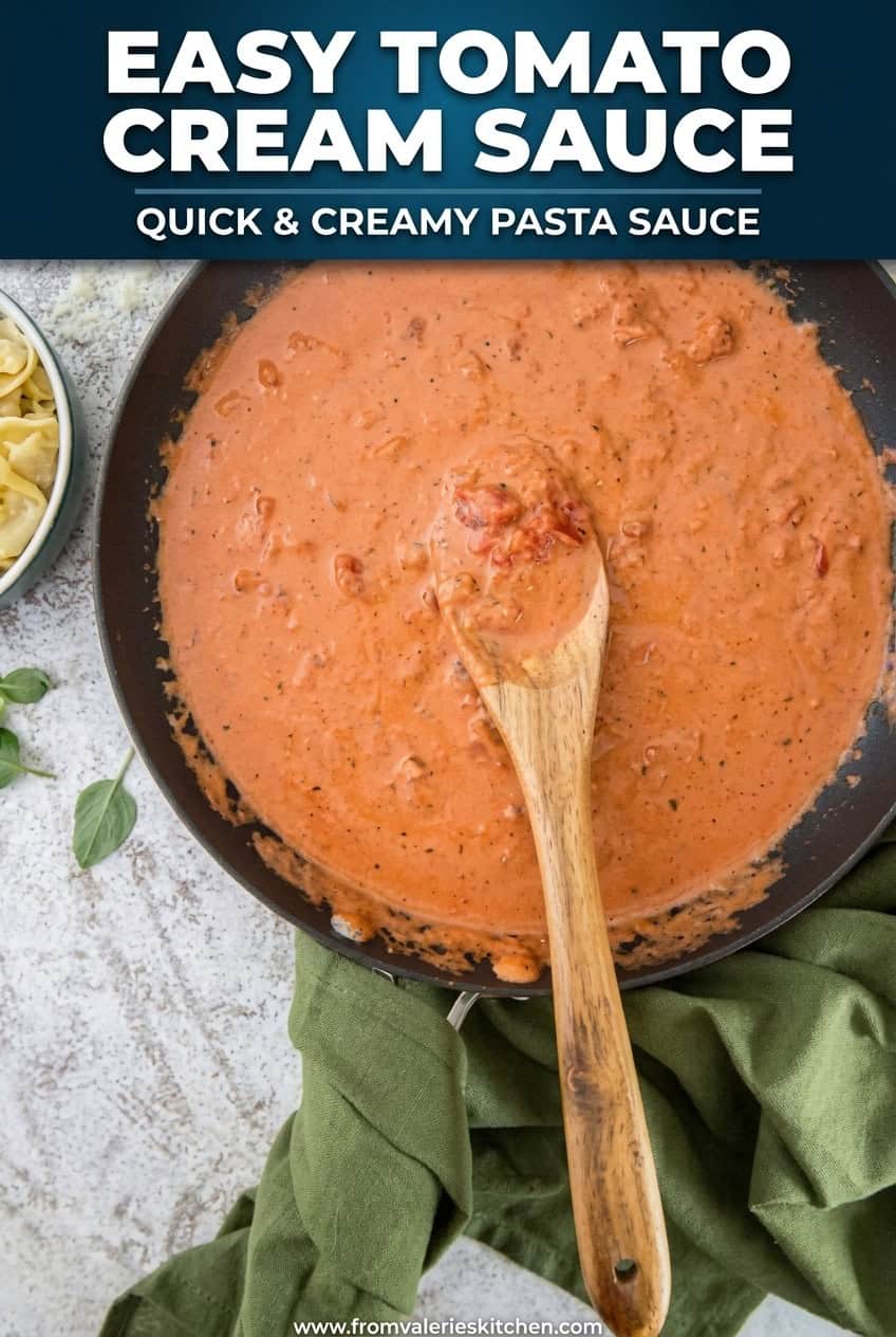 Single-image poster of Easy Tomato Cream Sauce in a dark navy and steel-blue color palette, featuring the recipe title in bold text over a rich, creamy tomato sauce.