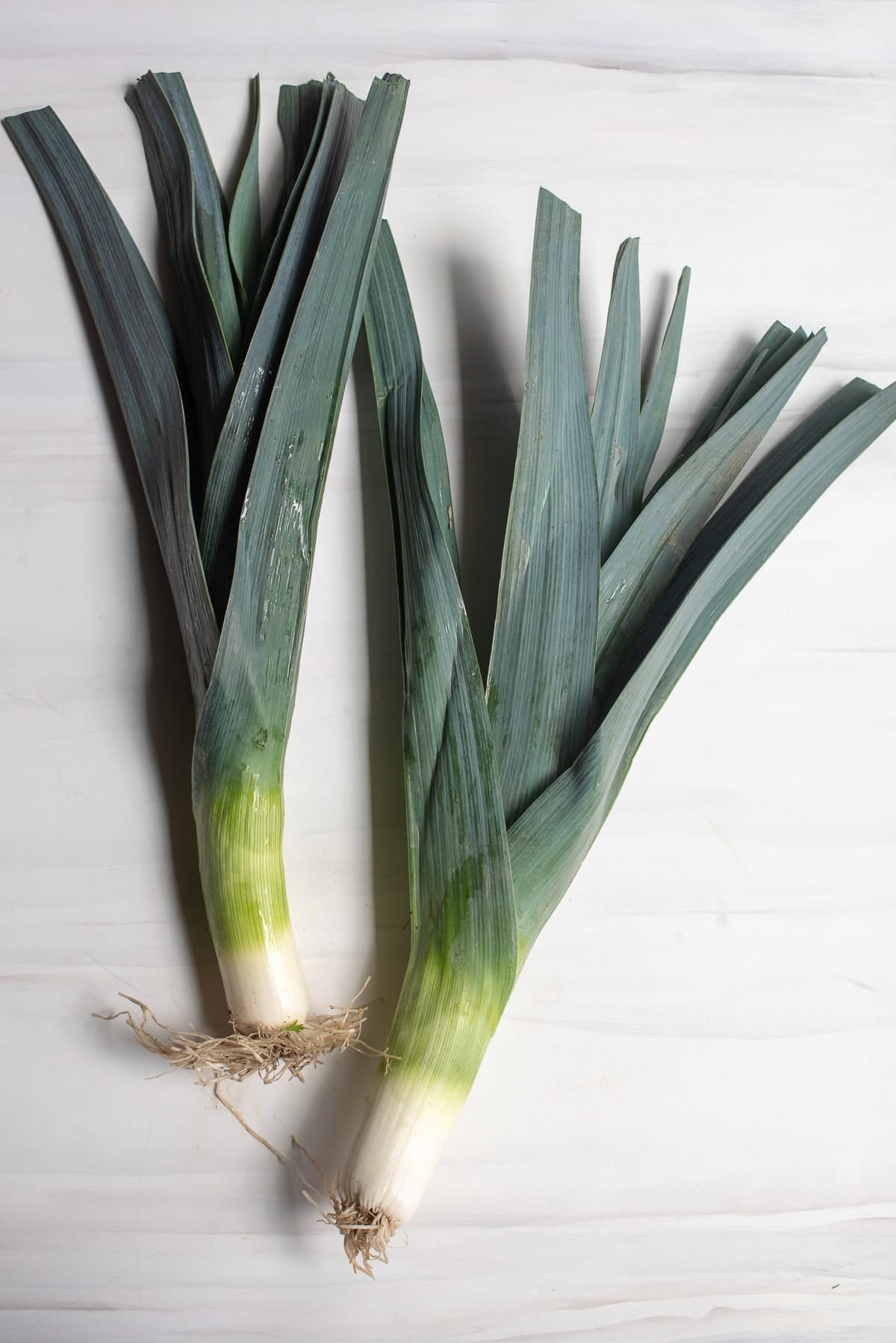 Two leeks on a light surface.