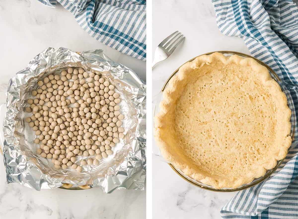 Two in process images showing a pie crust lined with foil that is filled with pie weights and the crust after it is baked.