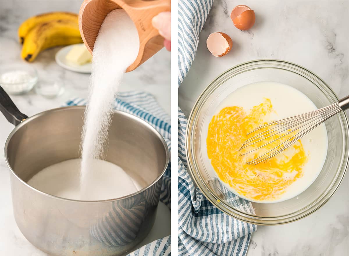 Two in process images showing sugar being poured into a saucepan and egg being whisked into milk in a bowl.