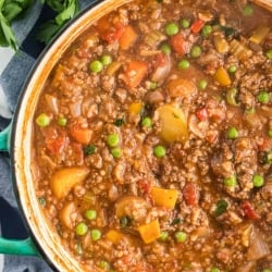 A close up, over the top image of Hamburger Stew in a Dutch oven.