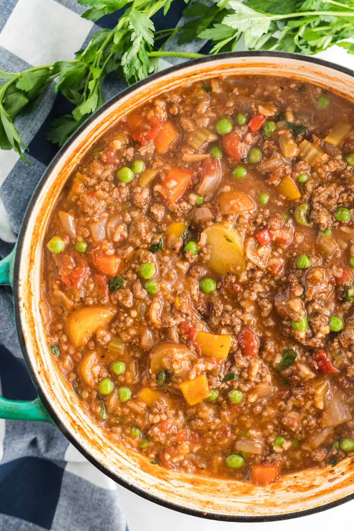 A close up, over the top image of Hamburger Stew with Rice in a Dutch oven.