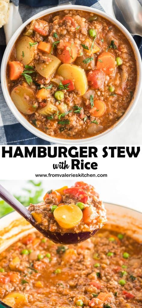 A two image vertical collage of Hamburger Stew with Rice with overlay text.
