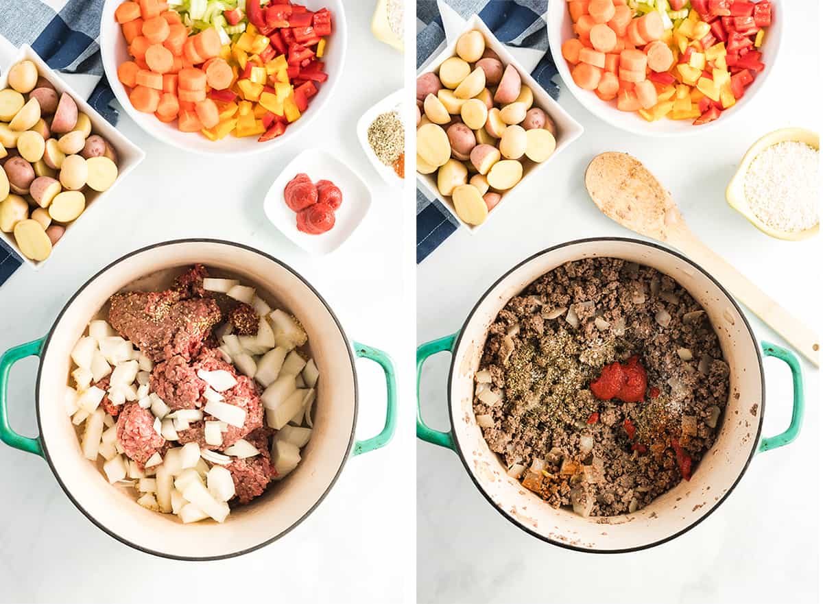 Two in process images showing ground beef, onions, and garlic browned in a Dutch oven and tomato paste and seasonings are added.