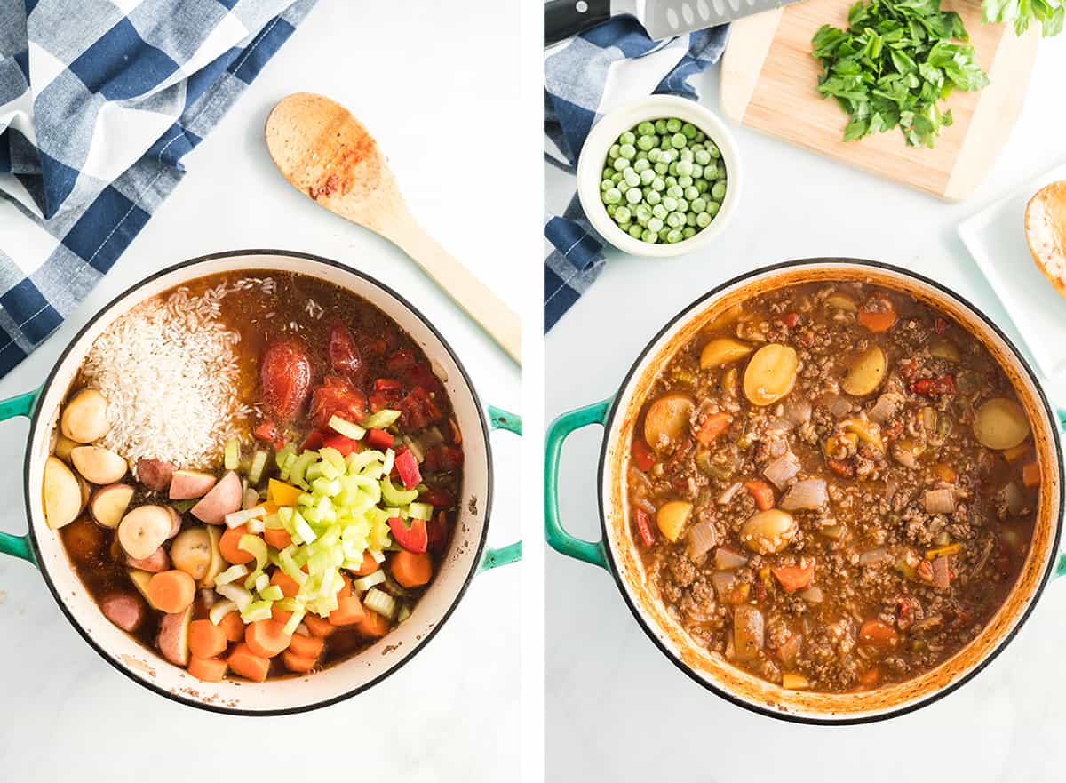 Two in process images showing canned tomatoes, potatoes, carrots, celery and rice added to the Dutch oven and cooked until the rice and potatoes are tender. 