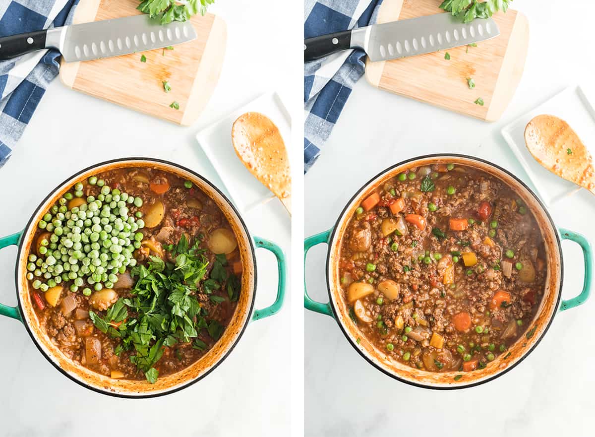 Two in process images showing frozen peas and parsley added to the Dutch oven and simmered until thickened.