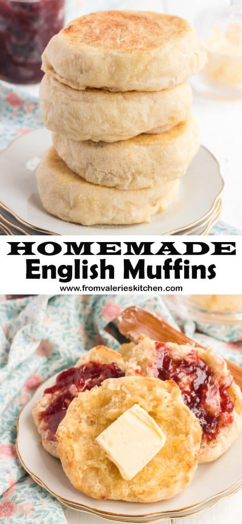 A two image vertical collage of Homemade English Muffins with overlay text