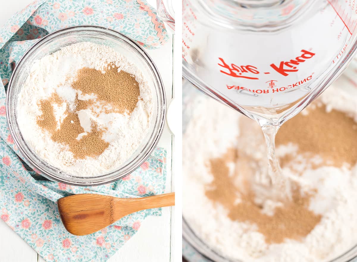 Two in process images showing the dry ingredients being combined in a mixing bowl and water being added.