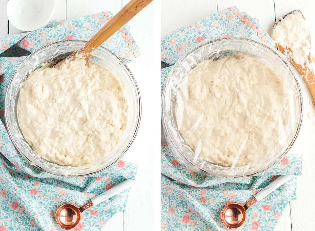 Two in process images showing the dough being mixed with a wooden spatula and then the bowl is covered with plastic wrap.