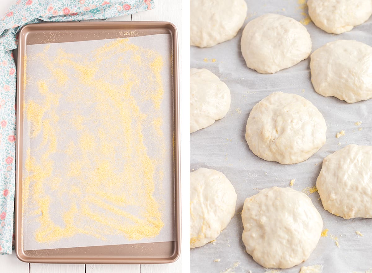 Two in process images showing a parchment paper lined baking sheet dusted with cornmeal and the shaped English muffin dough dropped on to the prepared baking sheet.