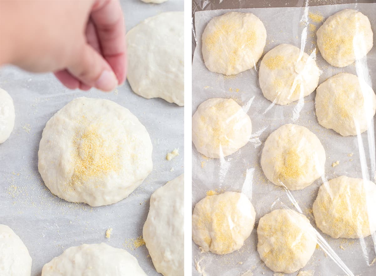 Two in process images showing cornmeal being sprinkled on top of the dough and then the baking sheet is lightly covered with plastic wrap.