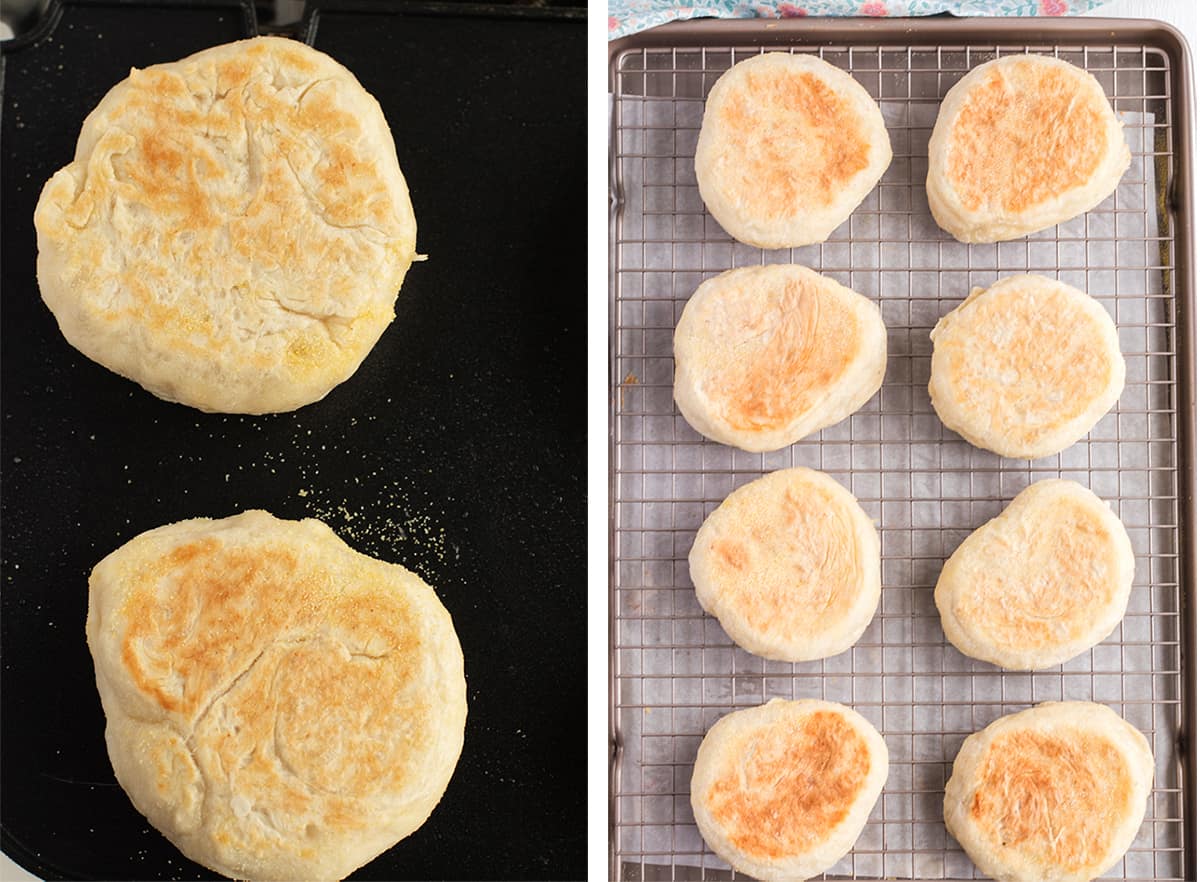 Two in process images showing the English Muffins cooking on a griddle and then cooling on a wire rack.