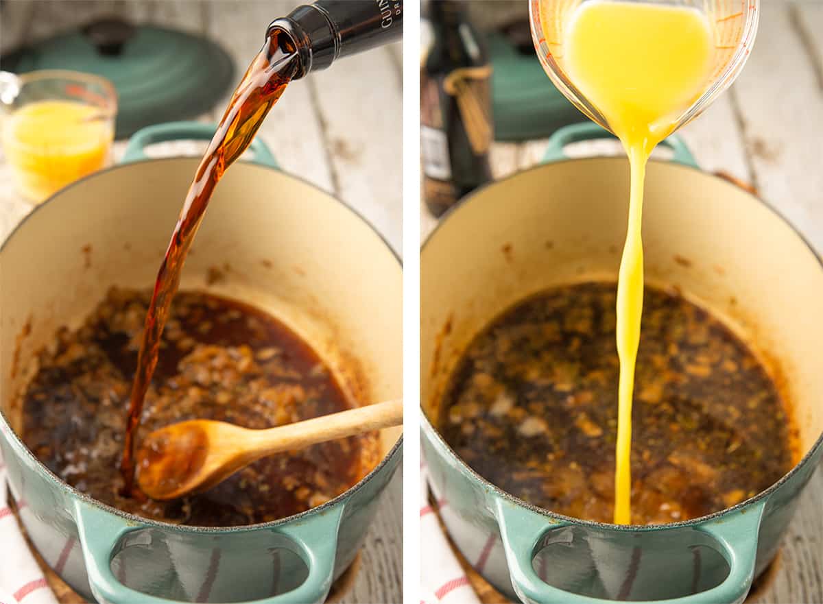 Two in process images showing a bottle of beer and orange juice poured into the Dutch oven.