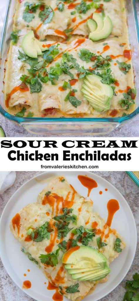 A two image vertical collage of Sour Cream Chicken Enchiladas with overlay text.