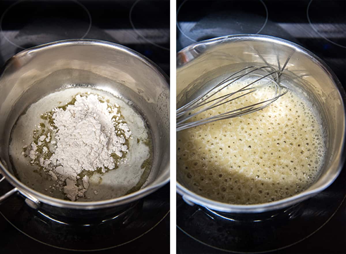 Two in process photos showing flour being whisked into melted butter in a skillet to make a roux.