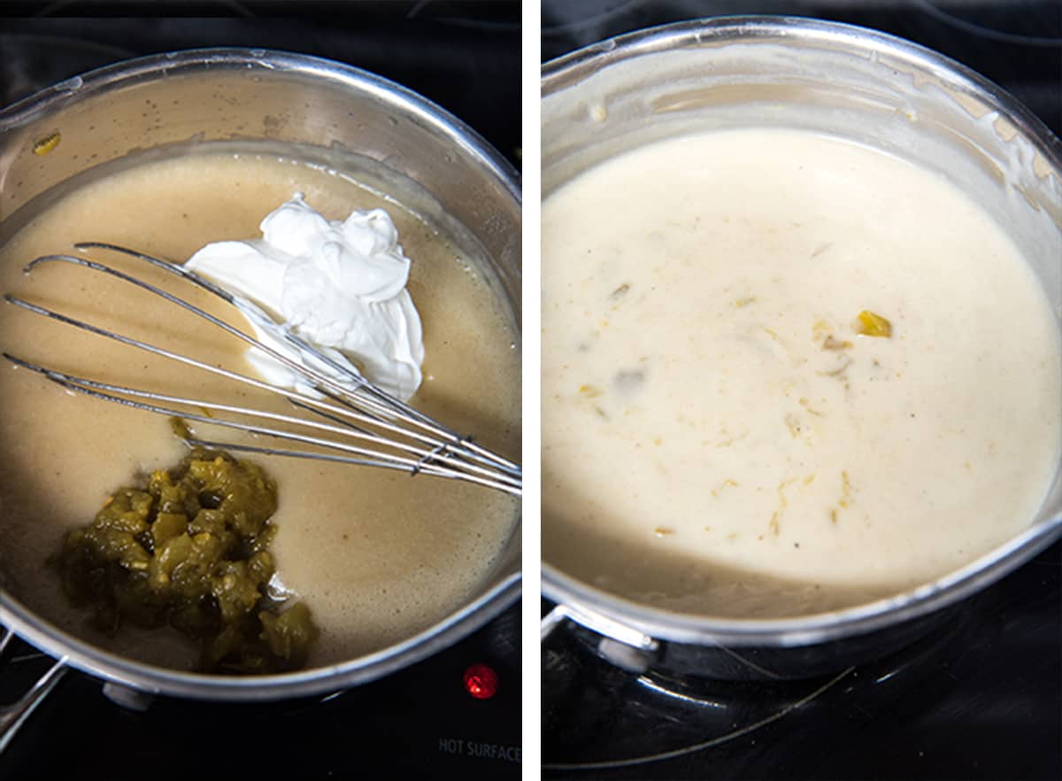 Two in process images showing sour cream and diced green chiles added to the roux.