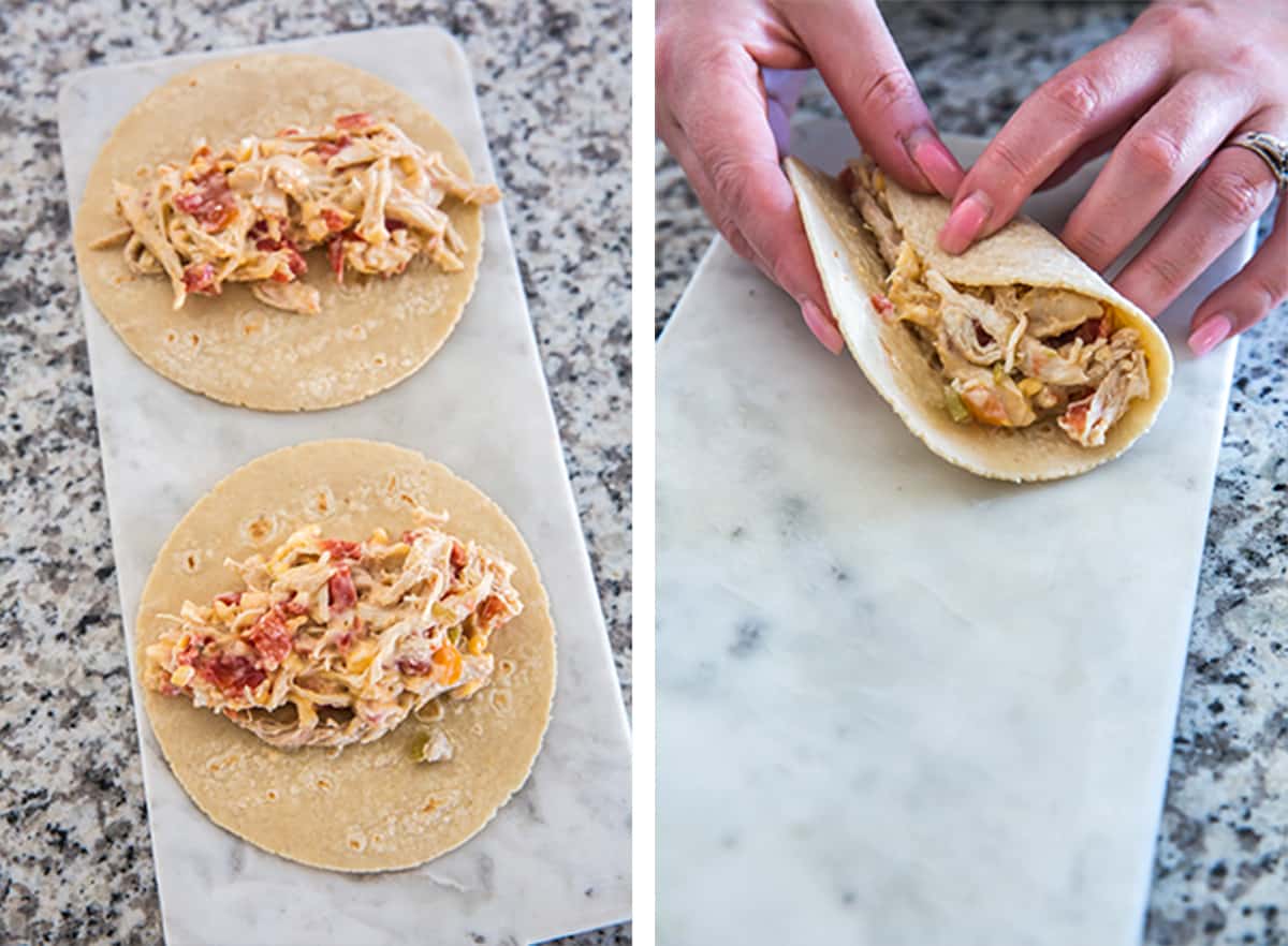 Two in process images showing the chicken filling being rolled into tortillas.