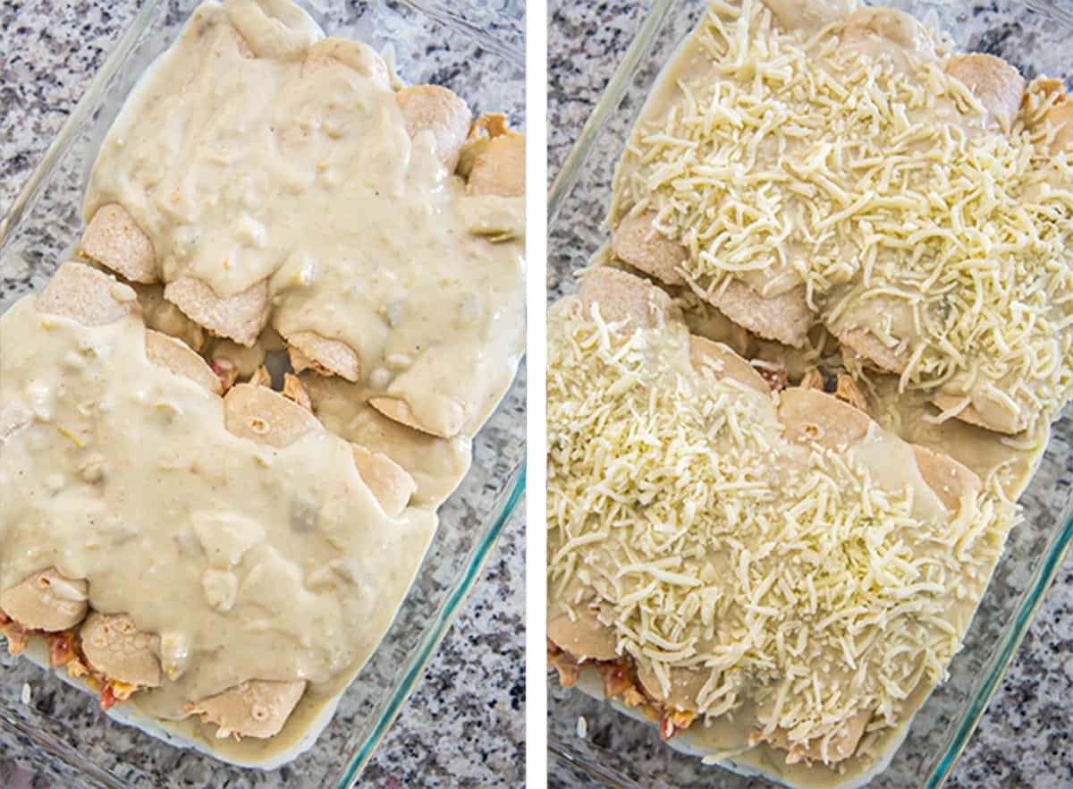 The remaining sour cream sauce is spread over the top of the enchiladas and then they are topped with shredded cheese.