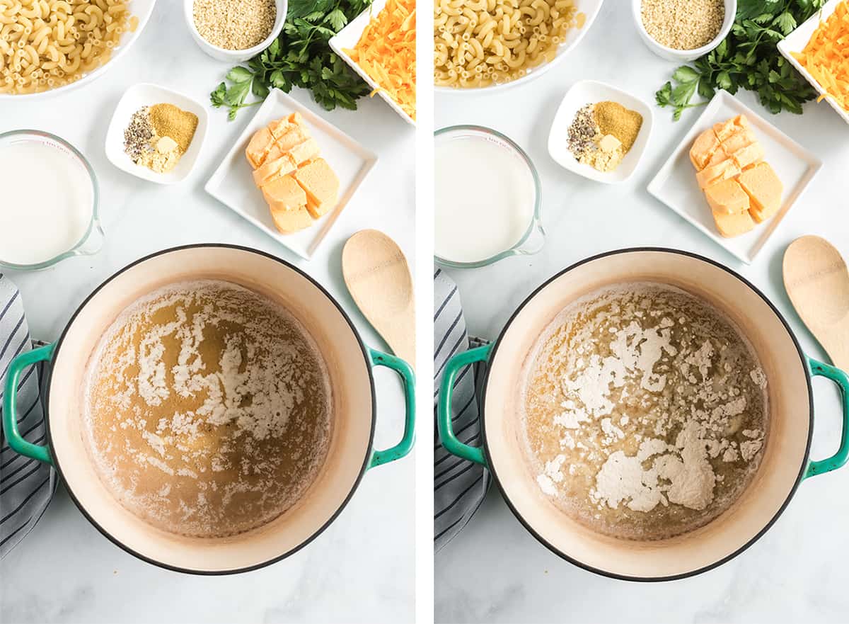 Two in process images showing butter melting in a Dutch oven and flour being mixed in.