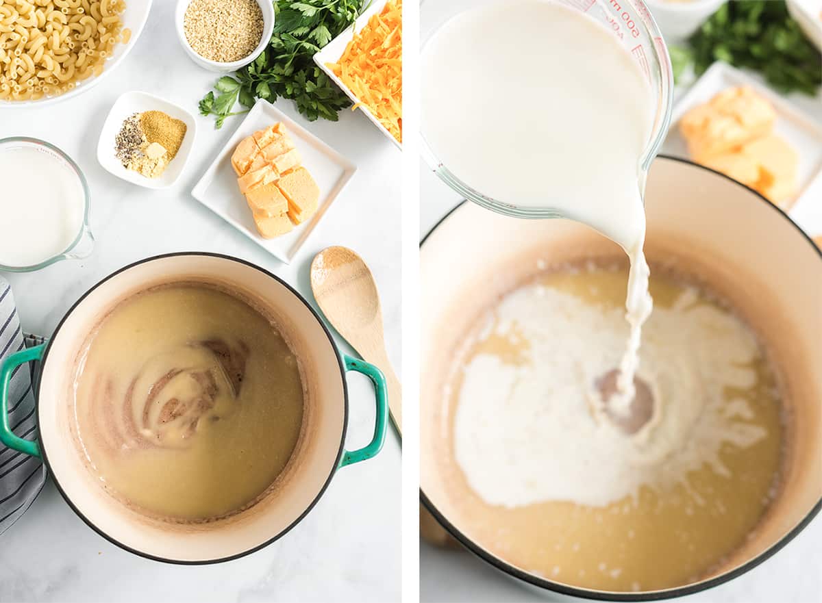 Two in process images showing warmed milk being poured into the roux in the Cutch oven and then the seasonings are added.