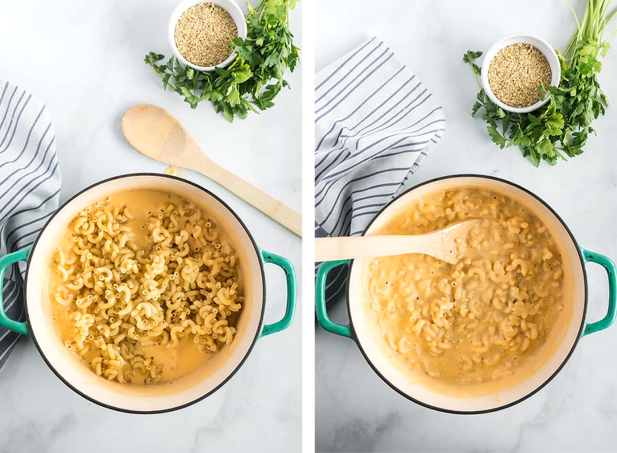 Two in process images showing the partially cooked elbow pasta being stirred into the cheese sauce in the Dutch oven.