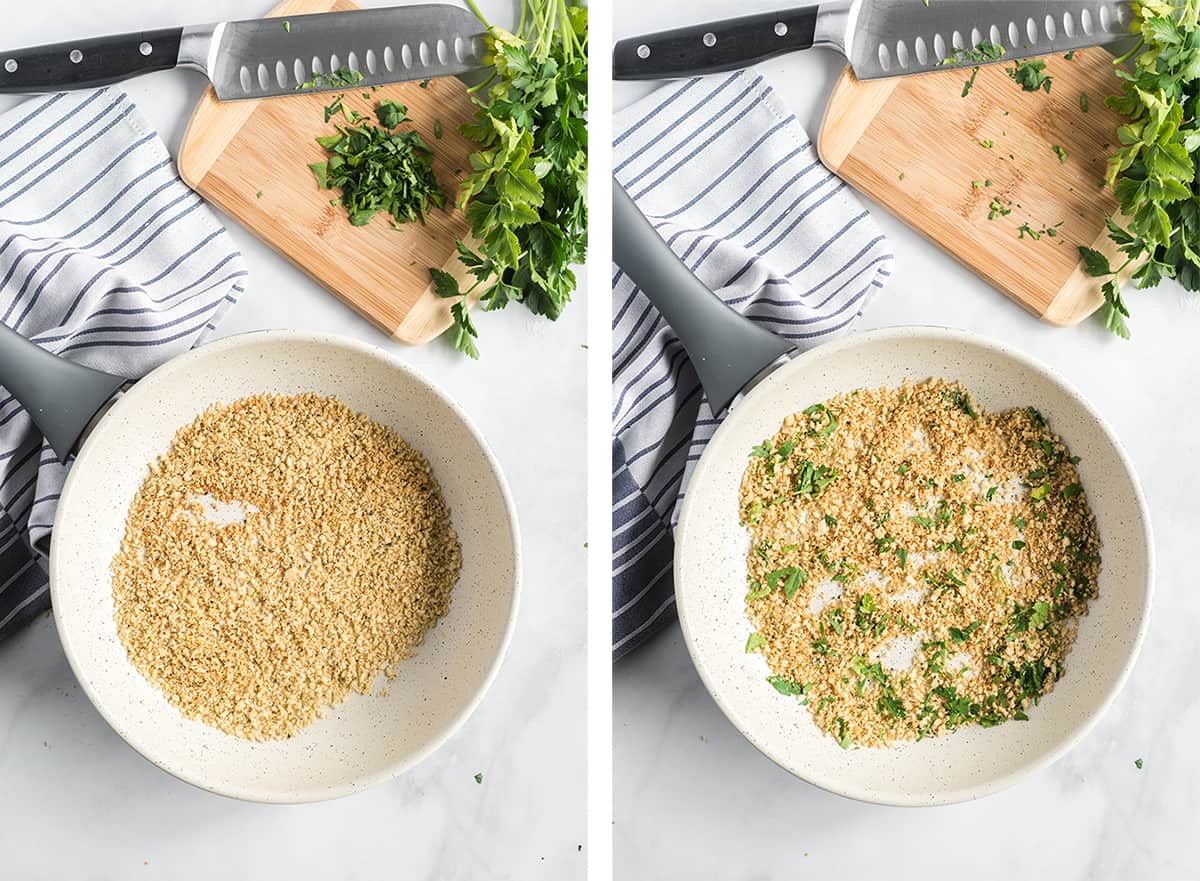 Two in process images showing bread crumbs being toasted in a skillet and fresh parsley stirred in.