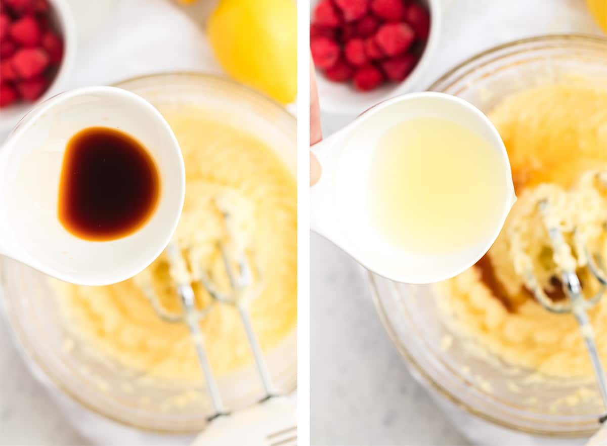 Two in process images showing the vanilla and lemon juice being added to the batter in the mixing bowl.