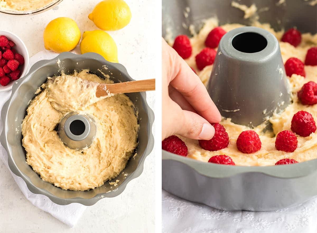 Two in process images showing half of the cake batter spread into a Bundt cake pan and then raspberries place over the top of the layer.