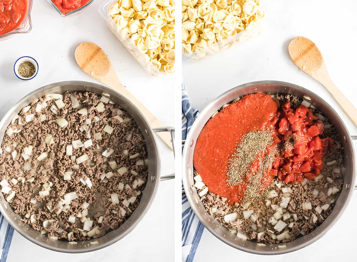 A skillet with cooked ground beef, onion, and garlic. Marinara sauce, diced tomatoes, and seasoning are added.