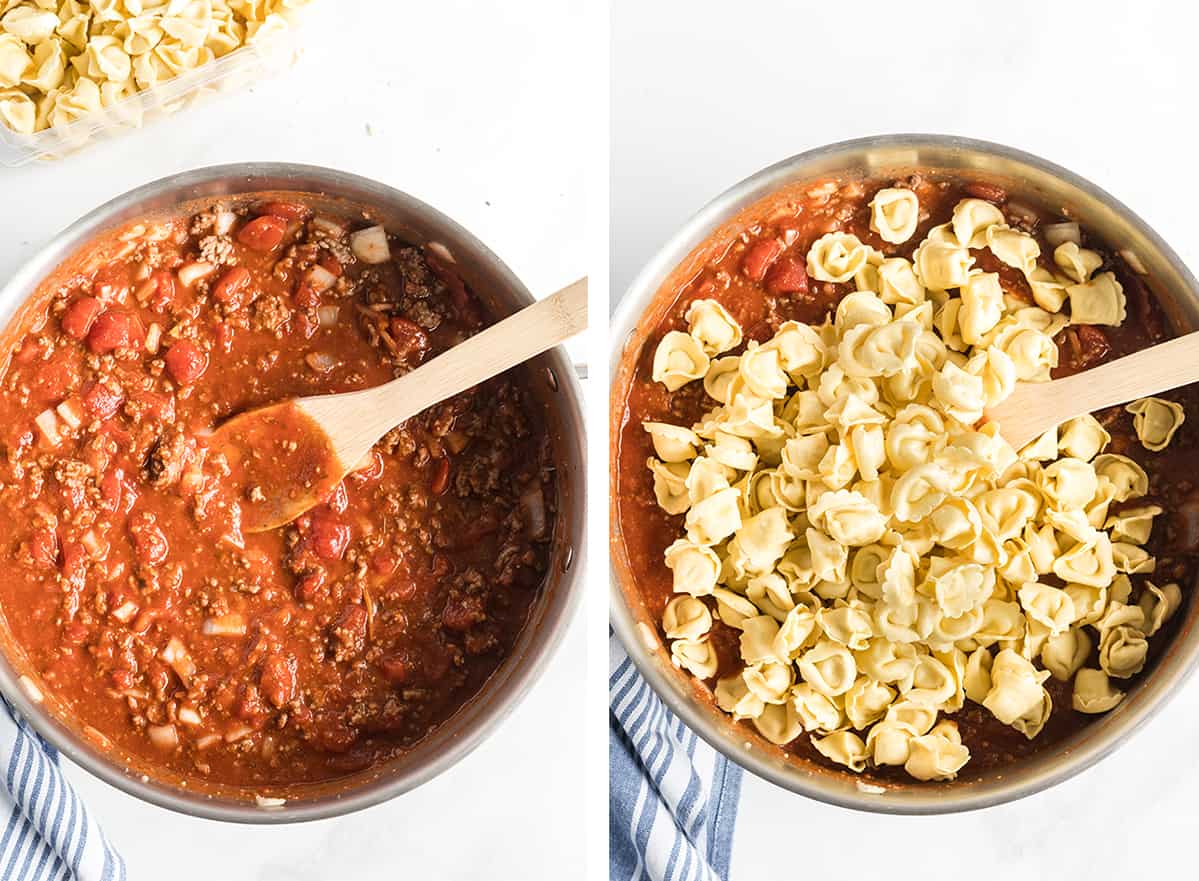 Uncooked cheese tortellini is added to the meat sauce in the skillet.