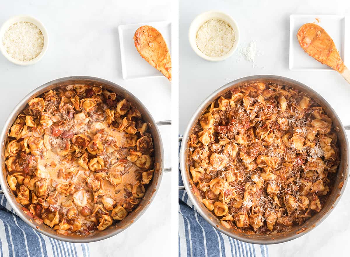 Heavy cream is added to the skillet and then the mixture is topped with Parmesan cheese.