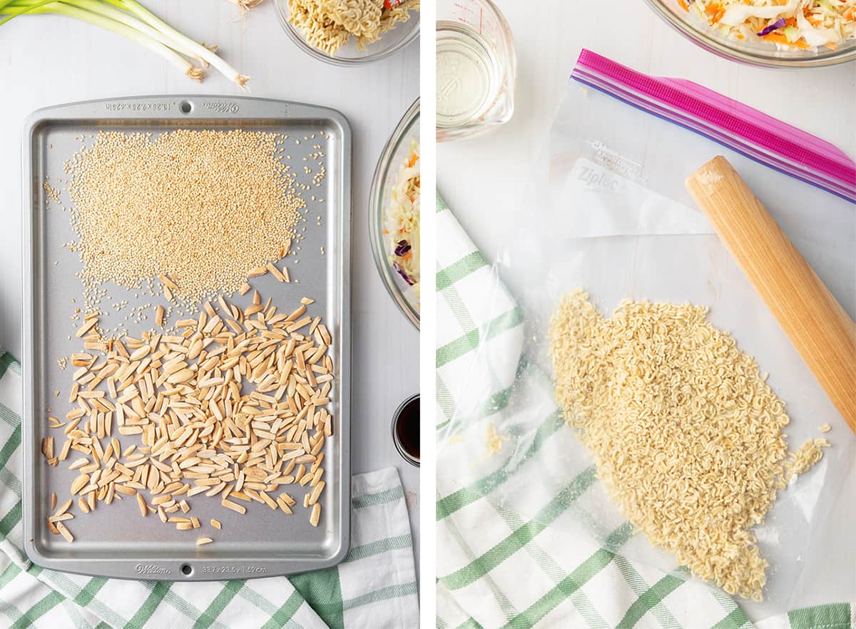 Sesame seeds and slivered almonds on a rimmed baking sheet and ramen noodles in a plastic bag with a rolling pin.