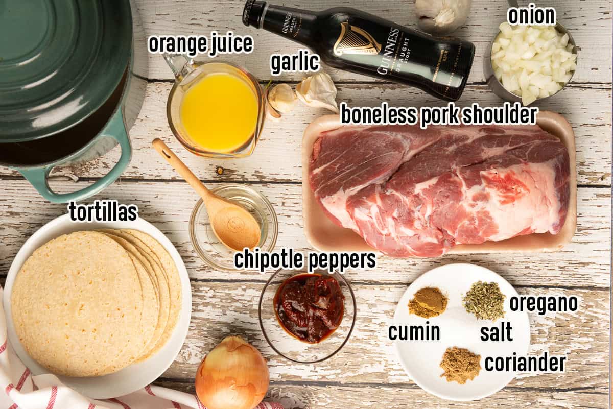 Shredded pork taco ingredients including boneless pork roast, beer, orange juice, chipotle peppers.