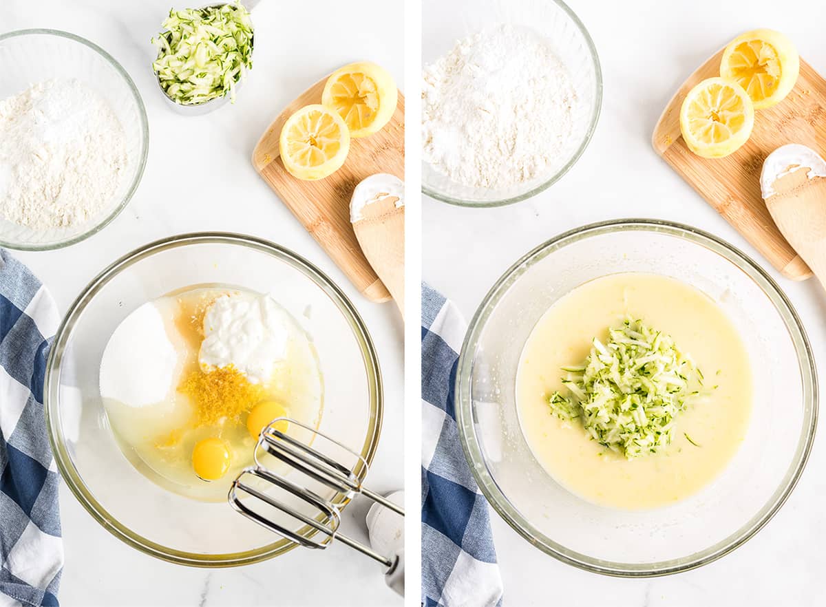 The wet mixture is combined in a glass mixing bowl and shredded zucchini is added.