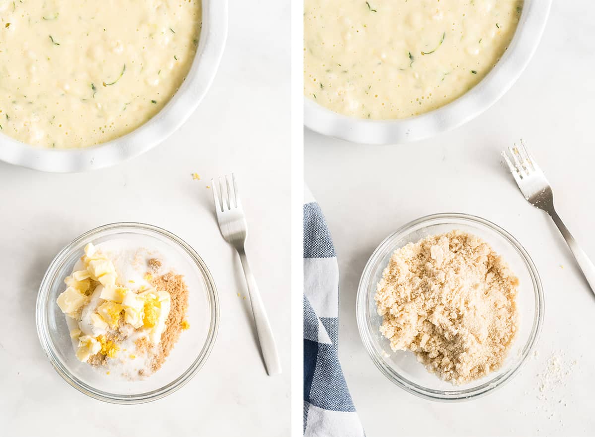 The ingredients for the crumb topping are combined in a small glass bowl.