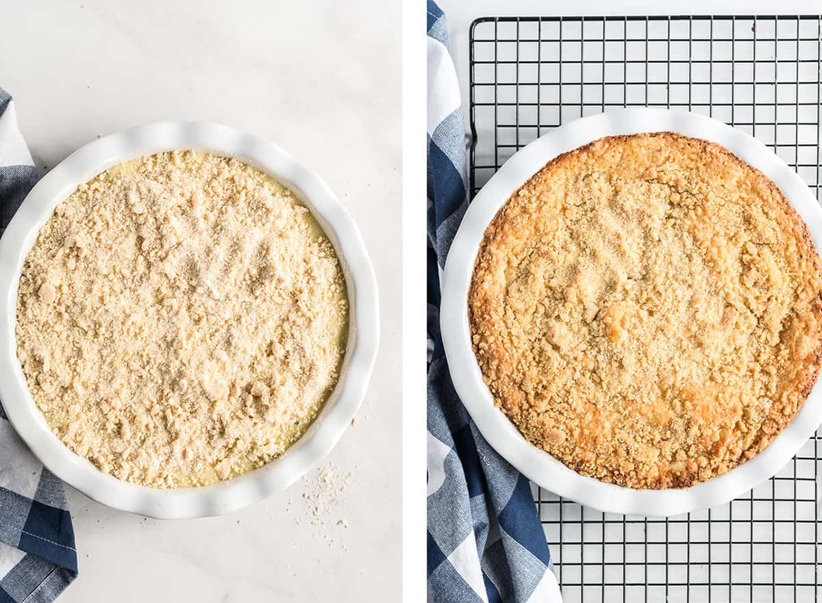 The lemon zucchini cake is topped with the crumb topping and baked.
