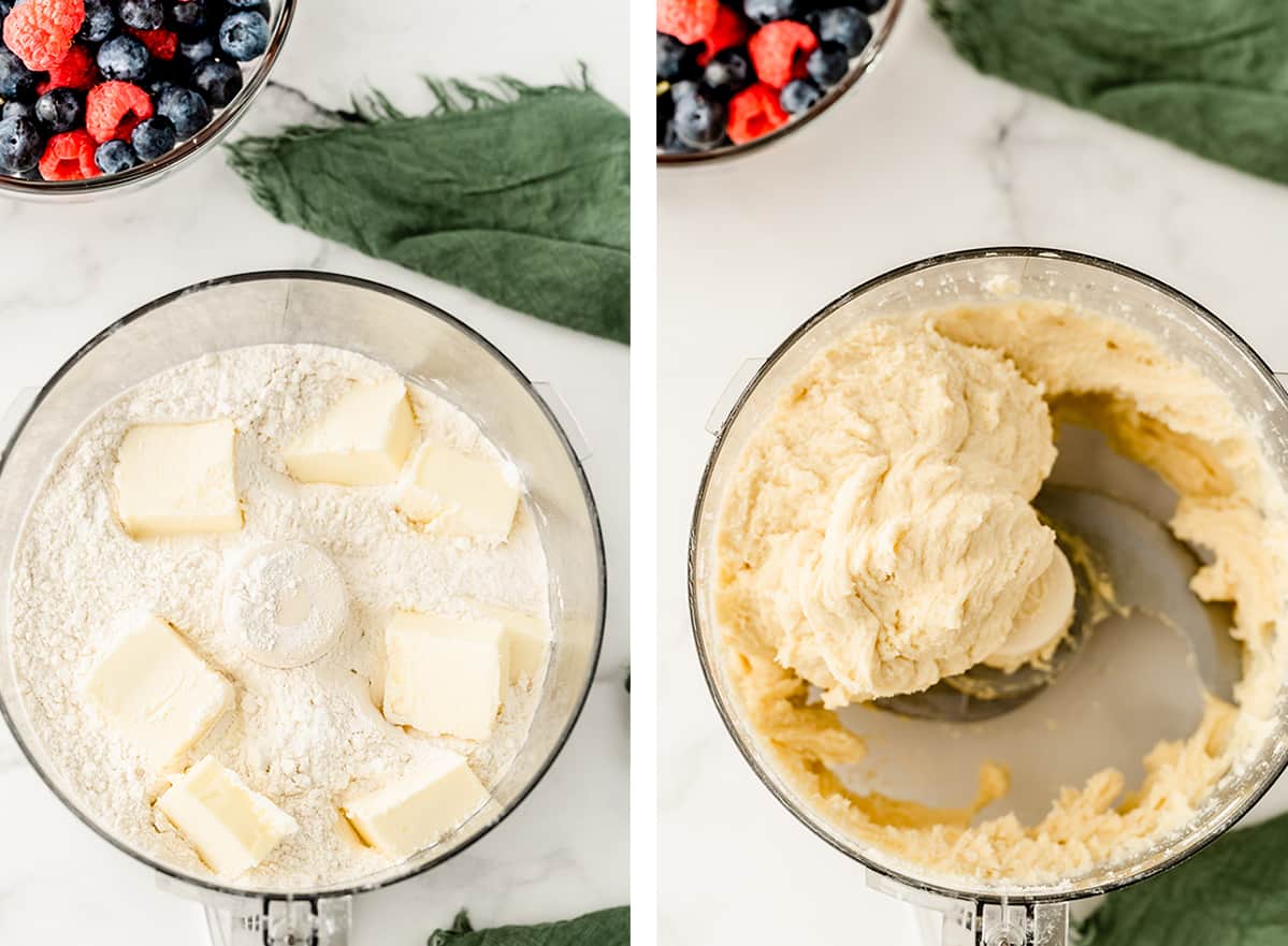 Two in process images showing the shortbread dough being processed in a food processor.