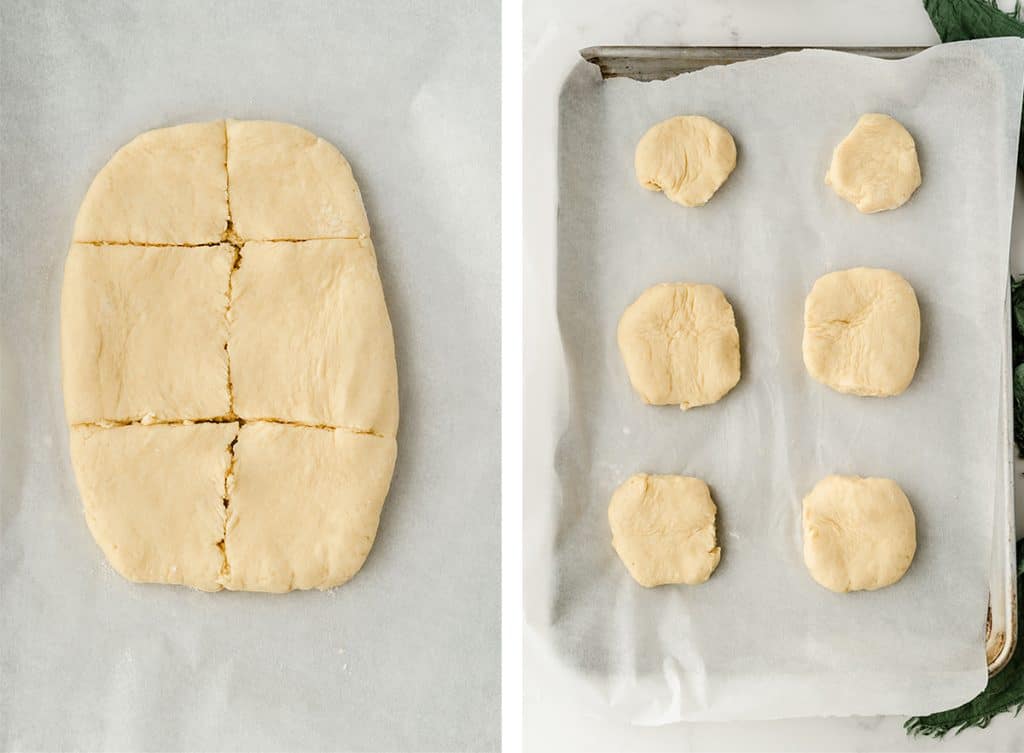 Two in process images showing the shortbread dough cut into sections and on a baking sheet.