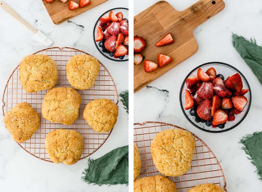 Two in process images showing the shortbreads cooling on a wire rack and the berries in a bowl with sugar.