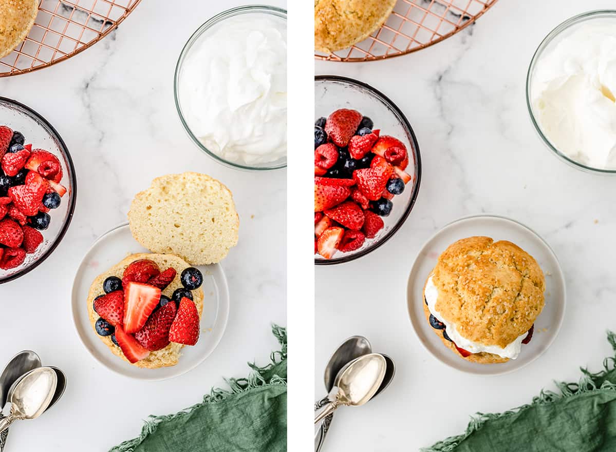 Two in process images showing the berry shortcakes being assembled.