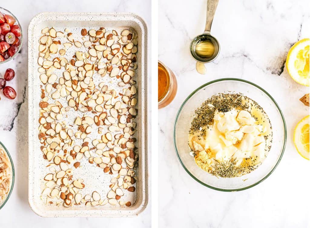 Sliced almonds on a baking sheet and the dressing ingredients in a small bowl.